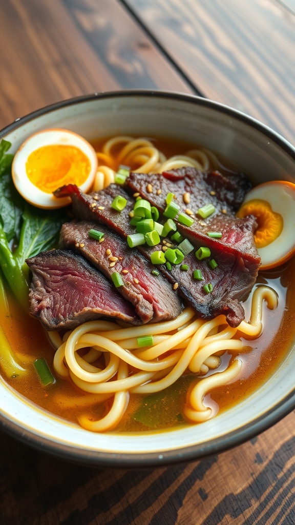 Savory Steak Ramen Recipe A bowl of steak ramen with ribeye, ramen noodles, bok choy, and a soft-boiled egg, garnished with green onions and sesame seeds.